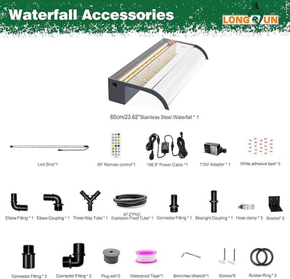 Pool Fountain, LONGRUN Waterfall Spillway for Koi Ponds - 23.6" Transparent Acrylic Waterfall with APP Control & Multi-Color LED Lights for Swimming Pool, Garden Pond, Patios, Spa Decoration