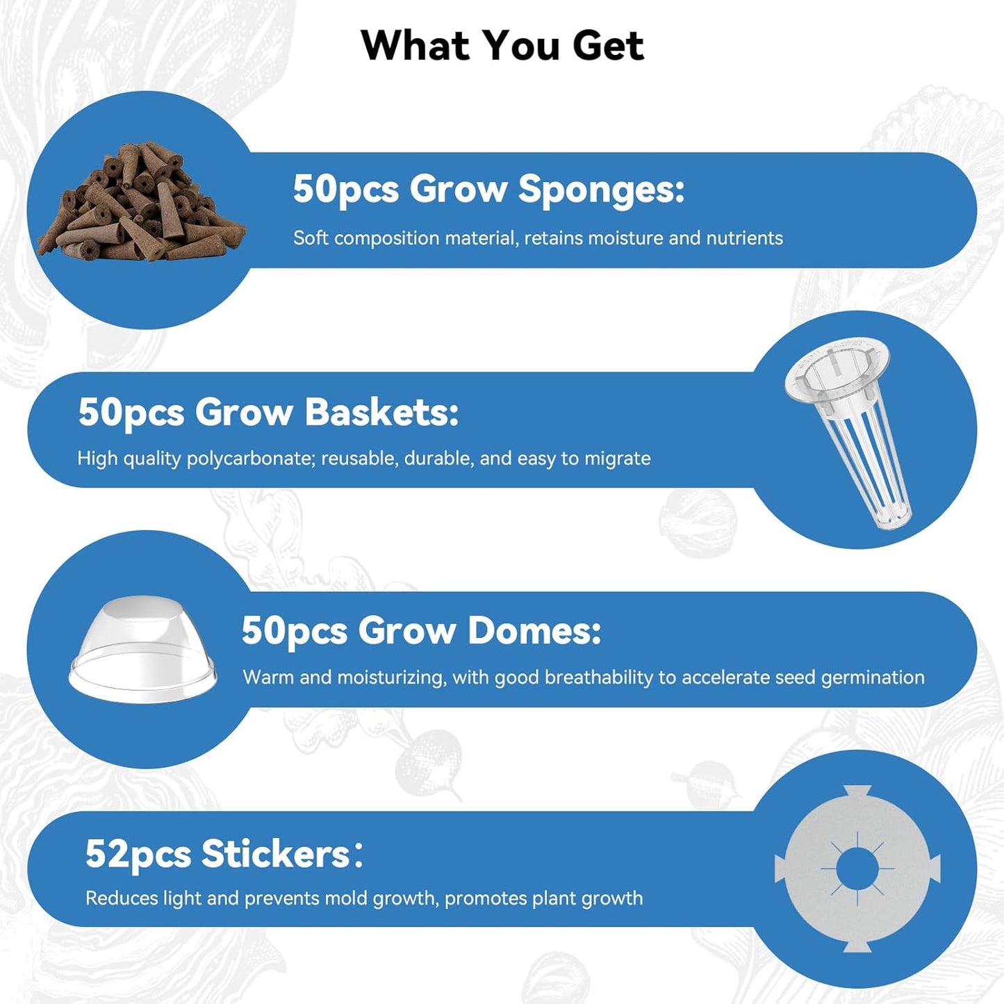 202pcs Hydroponic Pods Kit for AeroGarden, Ahopegarden, Grow Anything Kit for Indoor Garden Growing System Seed Pod Kit Includes 50 Grow Sponges, 50 Grow Baskets, 50 Grow Domes, 52 Stickers