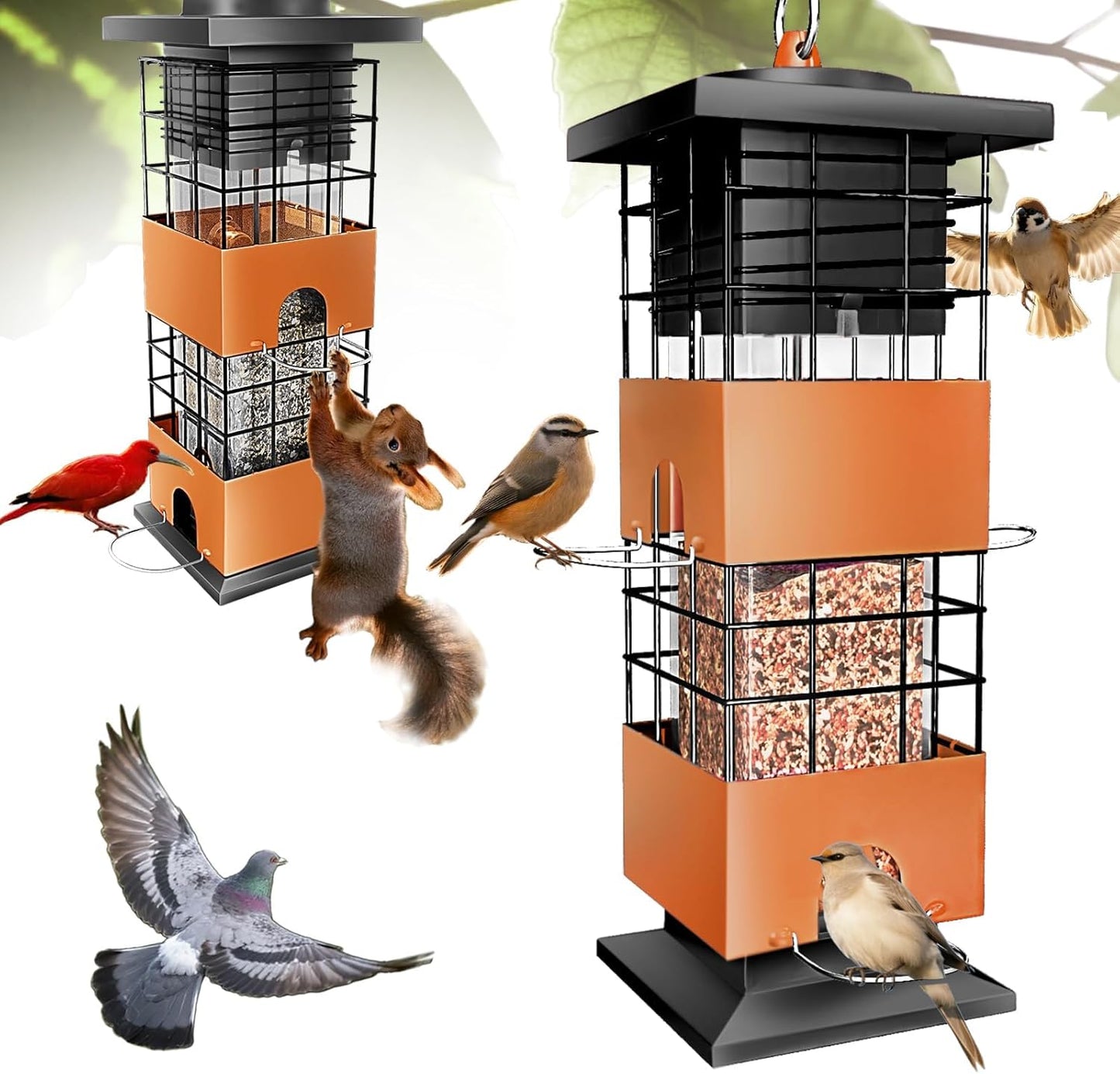 Squirrel Proof Bird Feeders for Outdoors Hanging, Large Capacity 3.5Lbs Bird Feeders with 4 Feeding Ports, Metal Gravity Protection Birds Feeder for Outside, Cardinal, Sparrow, Finch, Brown