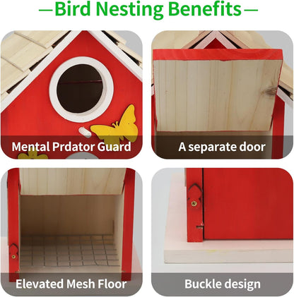 Red Wooden Bird House for Outside, Nesting Box with Sturdy Rope, Haing Bird Houses for Wren, Cardinal, Swallow, Sparrow, Finch