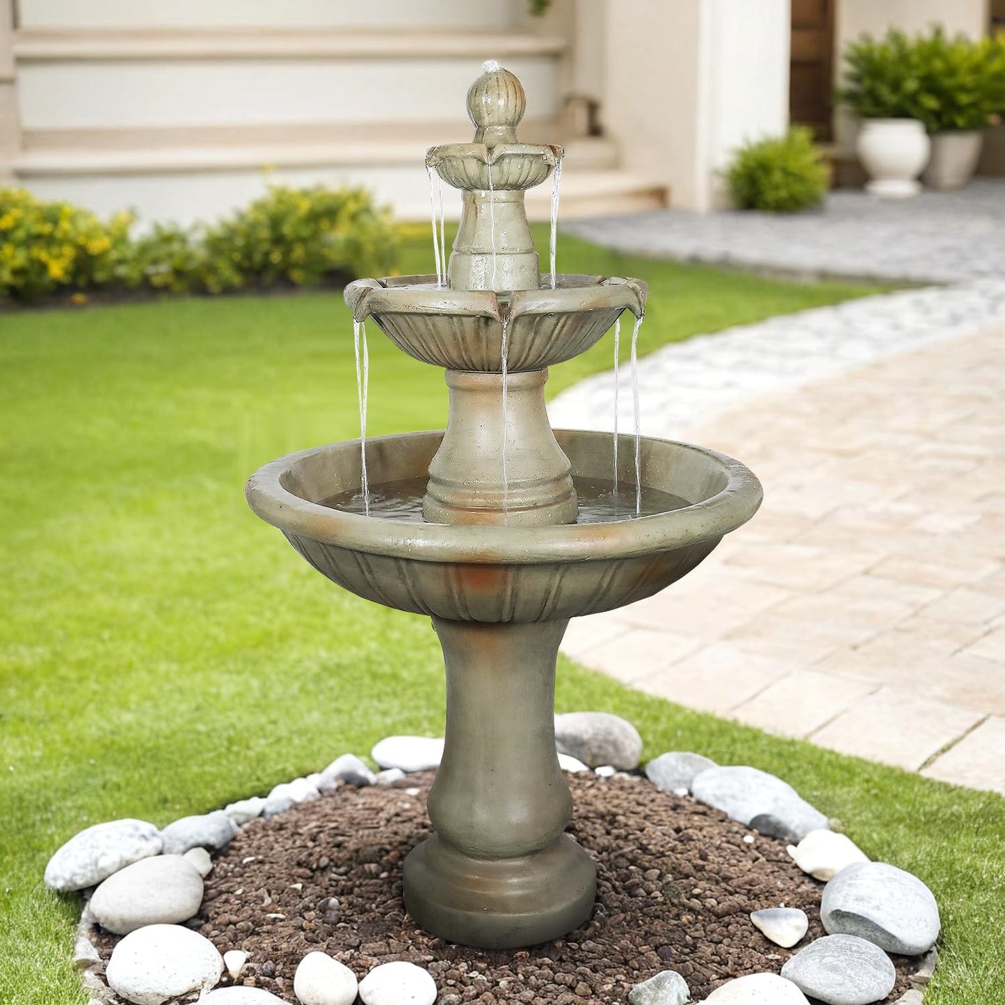 SunJet 51.5” High 3-Tiers Modern Concrete Outdoor Water Fountain - Round Large Outdoor Fountains and Waterfalls for Garden, Patio, Yard, and Deck Decor, Featuring Natural Stone Look