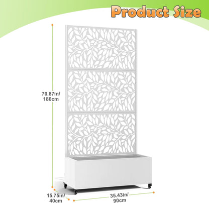 Metal Raised Garden Bed with Trellis, 2 in 1 Trellis with Planter Box & Privacy Screen for Climbing Plants, Vine, Outdoor Standing Flower Beds with Drainage Holes, 35.4"L x 15.7"W x 70.10"H,(White)