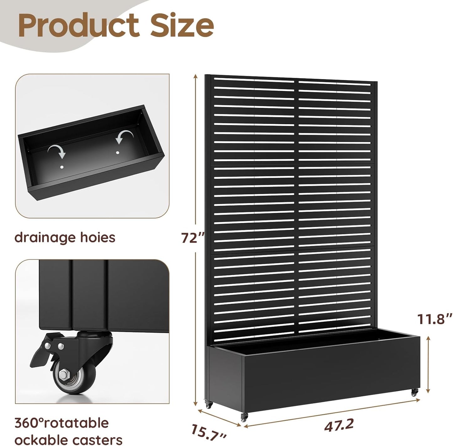 Metal Raised Garden Bed with Trellis & Wheels,72" x 47"x 15.7" Planter Box with Trellis,Privacy Planters for Patio,Garden Bed for Climbing Plants,Suitable for Climbing Plants and Vegetables,Black