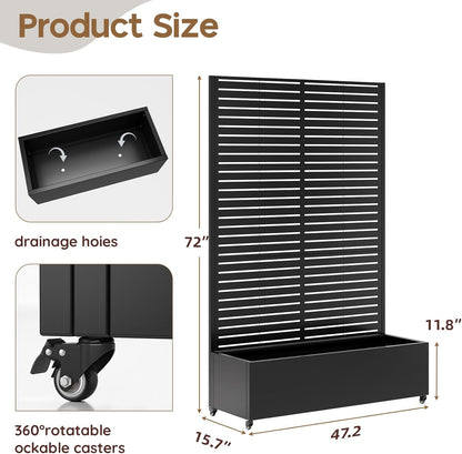 Metal Raised Garden Bed with Trellis & Wheels,72" x 47"x 15.7" Planter Box with Trellis,Privacy Planters for Patio,Garden Bed for Climbing Plants,Suitable for Climbing Plants and Vegetables,Black