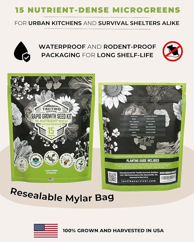 15 Tactiko Rapid Growth Microgreens & Vegetable Seed Kit – Heirloom Non-GMO Grown in USA – for Everyday or Survival Use – Sprout Indoors or Grow Full-Size Veggies in Soil, Containers, or Hydroponics