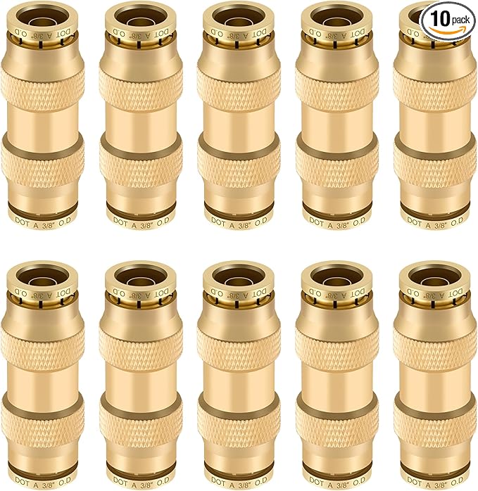 3/8" Quick Push to Connect Fittings Brass Union Straight Joint DOT Approved 3/8 inch tube OD Air Line Adapter Air Spring Suspension Kit for Car Truck Trailers and Air Brake System 10pcs