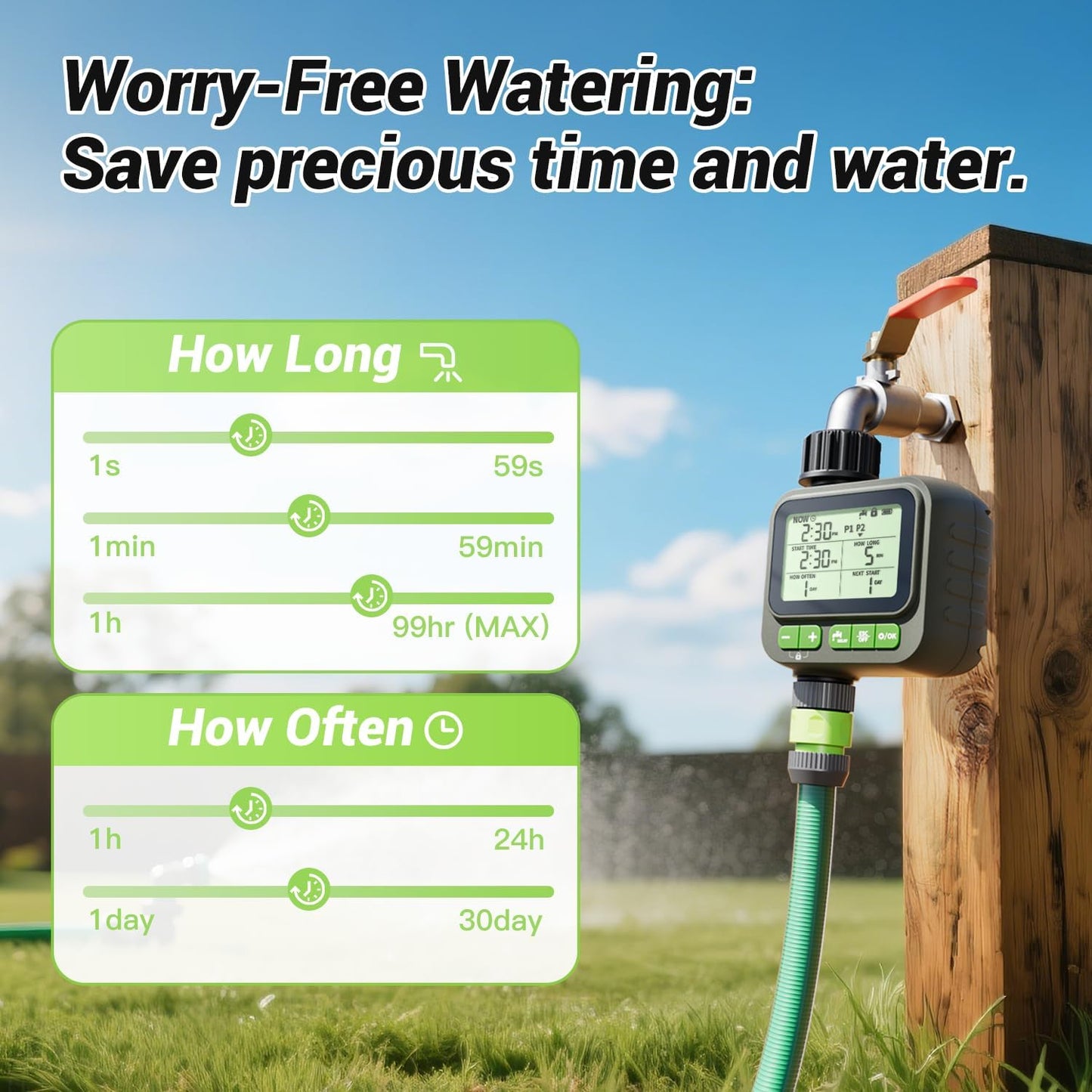 NexusLab Sprinkler Timer, 4 Customizable Programs Sprinkler Drip Irrigation, IP65 Waterproof, Auto Rain Delay Manual Mode, Child Lock, Water Timer for Lawn Yard Garden Watering (2025)