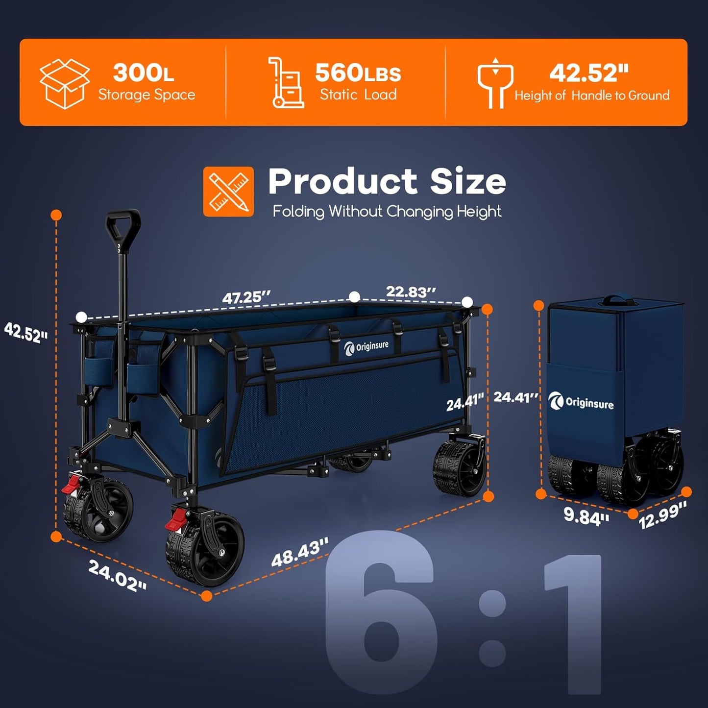 48" L Collapsible Wagon Cart Foldable, 560lbs Weight Capacity 300L Heavy Duty Folding Beach Wagons with Big All-Terrain Wheels, Utility Carts for Groceries, Shopping, Camping, Sports - Blue