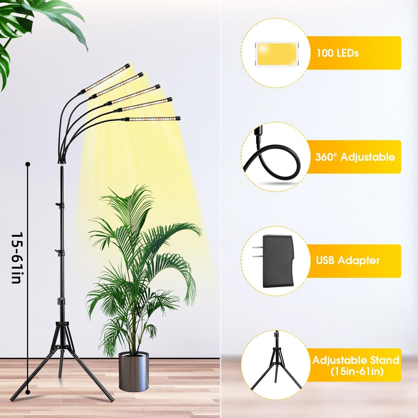 Wolezek Grow Lights for Indoor Plants Full Spectrum, LED Grow Light with Adjustable Stand and Sturdy Clip, 5-Heads Plant Grow Lights Indoor with Auto 6/12/16H Timer, 3 Light Modes, 5 Levels Dimmable