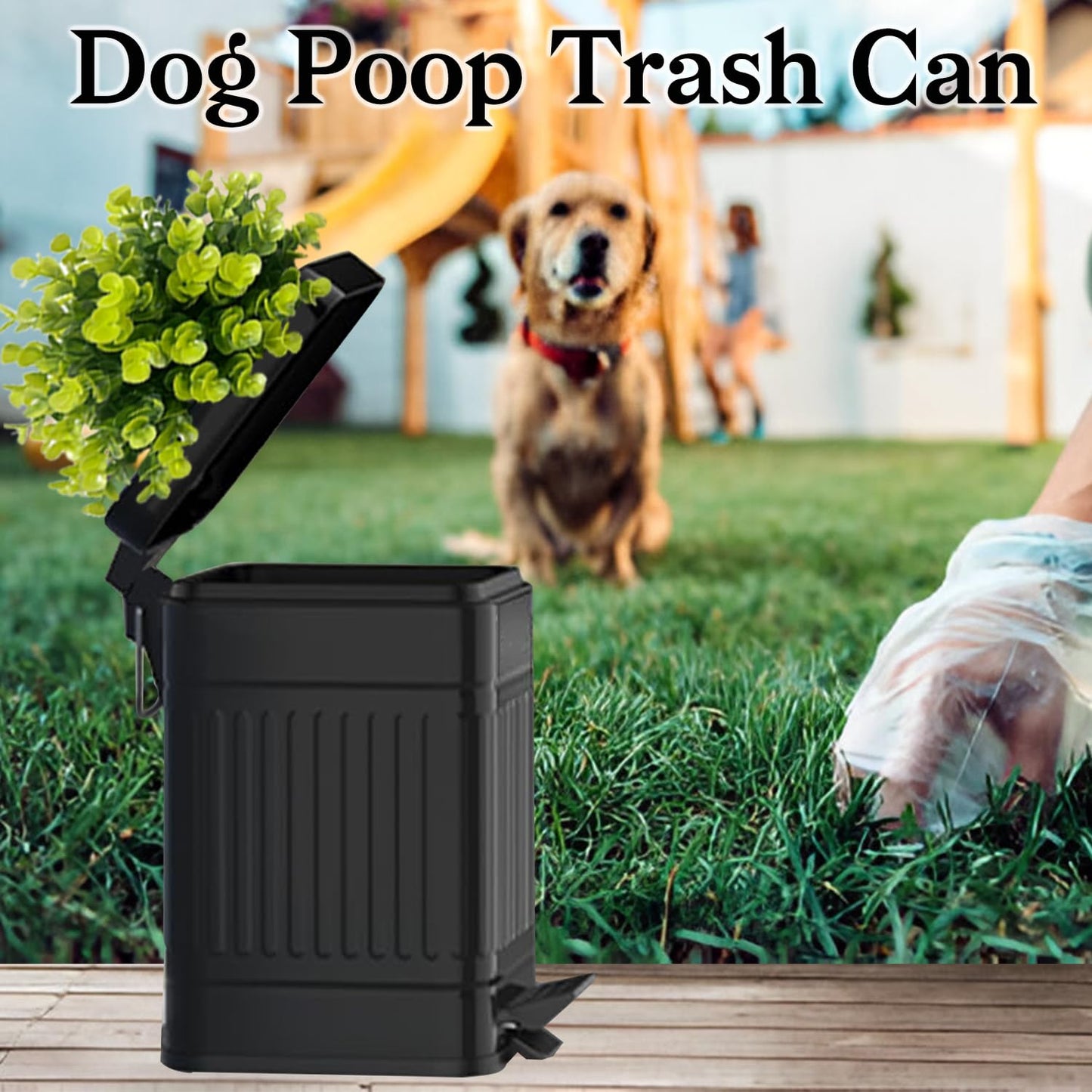 Small Trash Can with Lid, Plant-Styled Outdoor Dog Poop Trash Can Outside, Farmhouse Retro Metal Garbage Can for Bathroom Office, Dog Waste Container with Pedal, Soft Close, 5L/1.3 Gal, Black