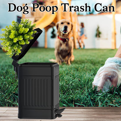 Small Trash Can with Lid, Plant-Styled Outdoor Dog Poop Trash Can Outside, Farmhouse Retro Metal Garbage Can for Bathroom Office, Dog Waste Container with Pedal, Soft Close, 5L/1.3 Gal, Black