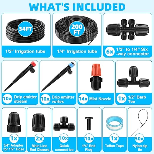 234FT Drip Irrigation System - Garden Watering System with Adjustable Three Spray Patterns with 1/2" Main Tube and 1/4" PE Distribution Tubing for Plants in Gardens, Raised Beds, Greenhouses, Lawns