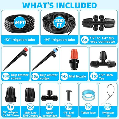 234FT Drip Irrigation System - Garden Watering System with Adjustable Three Spray Patterns with 1/2" Main Tube and 1/4" PE Distribution Tubing for Plants in Gardens, Raised Beds, Greenhouses, Lawns