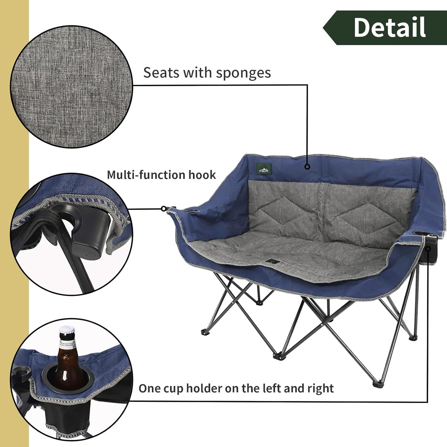 Northroad Folding Loveseat Camping Chair Portable Double Duo Full Padded Garden Chair for 2 Person Sofa w/2 Cup Holder,Wine Glass Holder,Support 600lbs for Picnic Beach Travel (Blue)