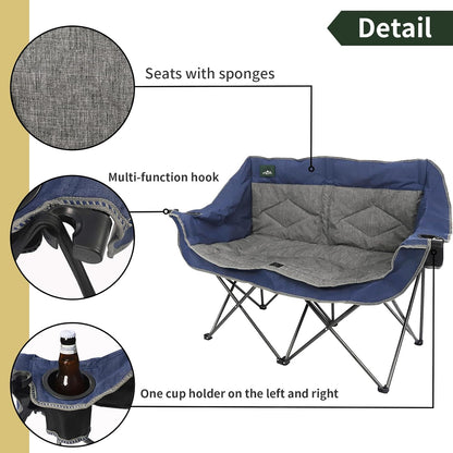 Northroad Folding Loveseat Camping Chair Portable Double Duo Full Padded Garden Chair for 2 Person Sofa w/2 Cup Holder,Wine Glass Holder,Support 600lbs for Picnic Beach Travel (Blue)
