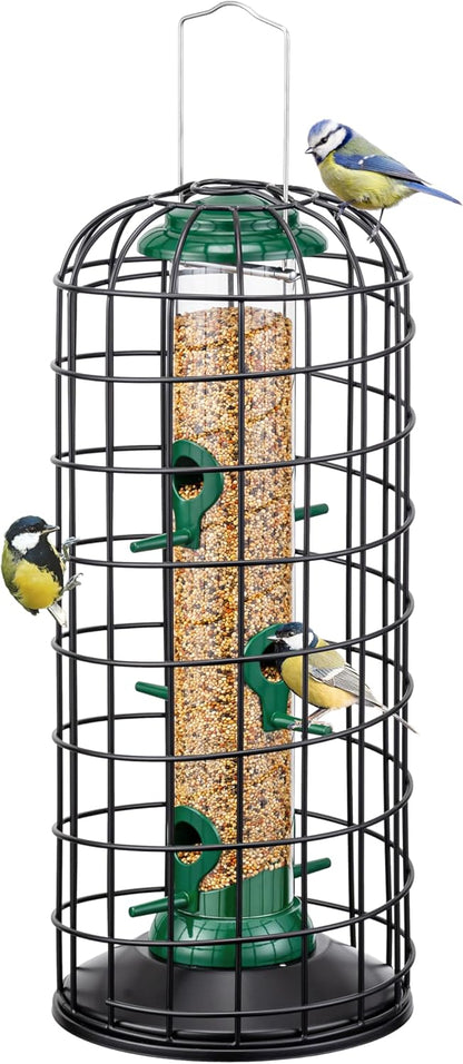 iBorn Squirrel Proof Pigeon Proof Bird Cage for Outside with Squirrel, Pestoff Hanging Wild Bird Seed Feeder for Mix Seed Blends, Heavy Duty All Metal Green 14 Inch