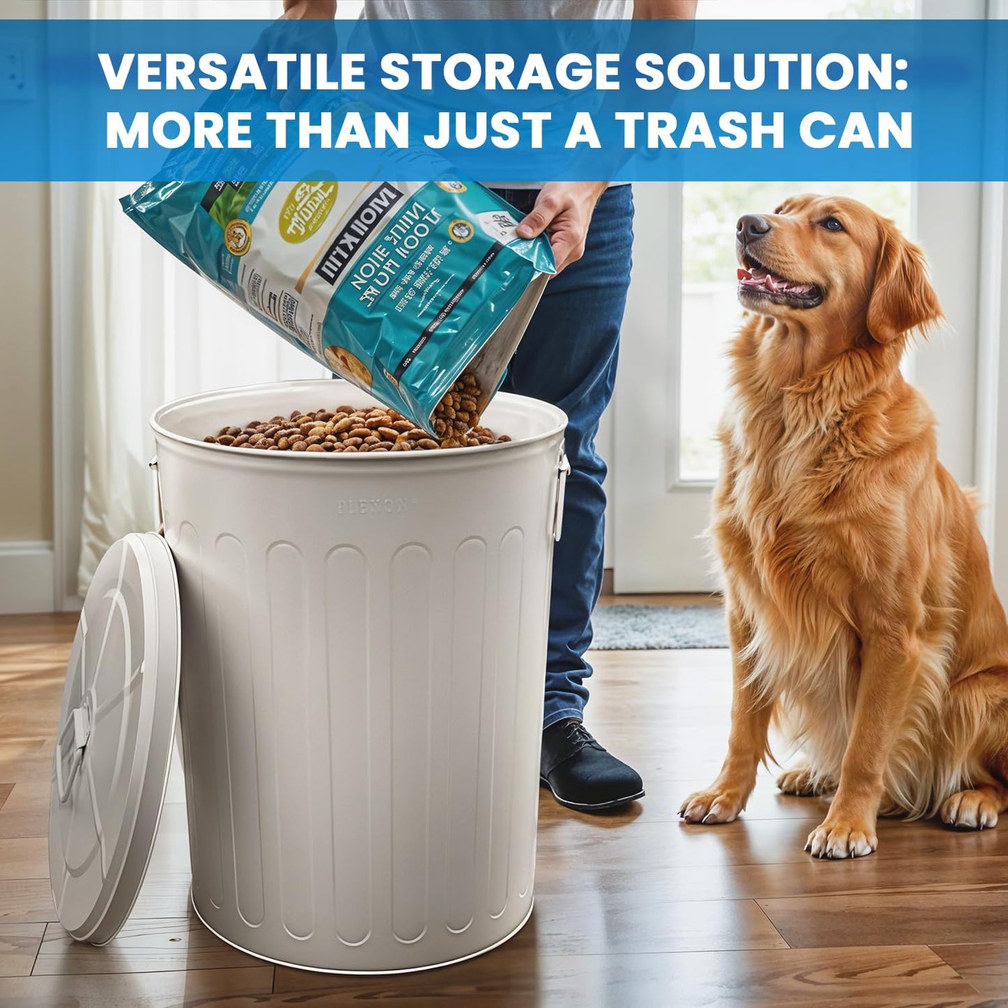 Plexon Large Metal Trash Can with Lid 20 Gallon, Decorative Outdoor Trash Can, Heavy Duty Galvanized Metal Bucket with Lid for Kitchen Garage Farmhouse, Beige