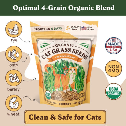 Seedboy Organic Cat Grass Seeds for Planting, Non-GMO Wheat, Oat, Rye, and Barley Cat Grass for Indoor Cats (16 oz)
