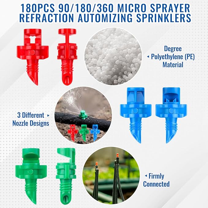 180Pcs Drip Irrigation Emitters, 3 Color Heads Irrigation Misting Sprinkler, Refraction Micro Sprayer Applicable for Lawn Watering System(90/180/360 Degrees)