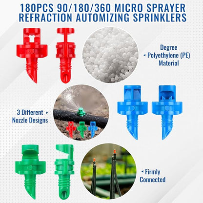 180Pcs Drip Irrigation Emitters, 3 Color Heads Irrigation Misting Sprinkler, Refraction Micro Sprayer Applicable for Lawn Watering System(90/180/360 Degrees)
