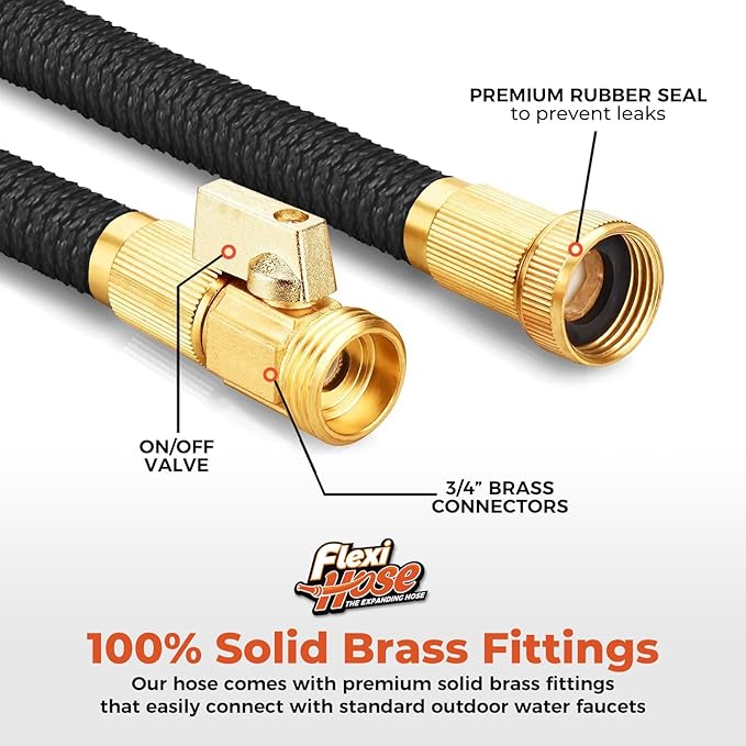 Flexi Hose Lightweight Expandable Garden Hose, No-Kink Flexibility, 3/4 Inch Solid Brass Fittings and Double Latex Core (100 FT, Black)