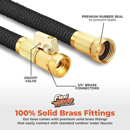 Flexi Hose with 8 Function Nozzle, 25FT - Lightweight Expandable Garden Hose, No-Kink Flexibility, 3/4 Inch Solid Brass Fittings and Double Latex Core