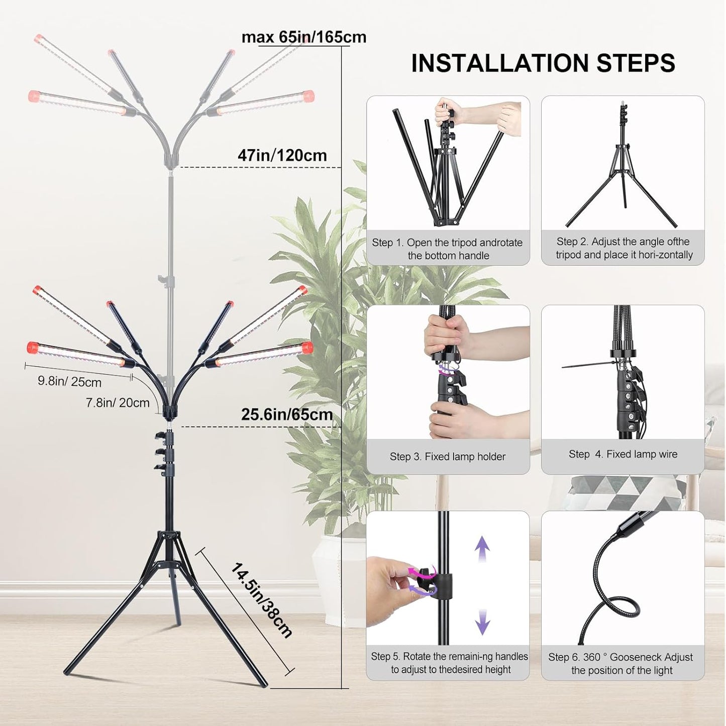 6Head Grow Lights for Indoor Plants, Seed Starting, Vegetables, Bonsai with Tripod Stand and Auto On/Off Timer 4/8/12H, 54W Power Full Spectrum Standing LED Plant Growing Lamps, 360° Gooseneck