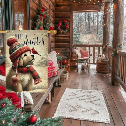 Hello Winter Dog Garden Flag 24x40 Vertical Double Sided Cardinal Bird Snow Christmas Holiday Outside Decorations Burlap Yard Flags (RMQ-58D, 24"X40")