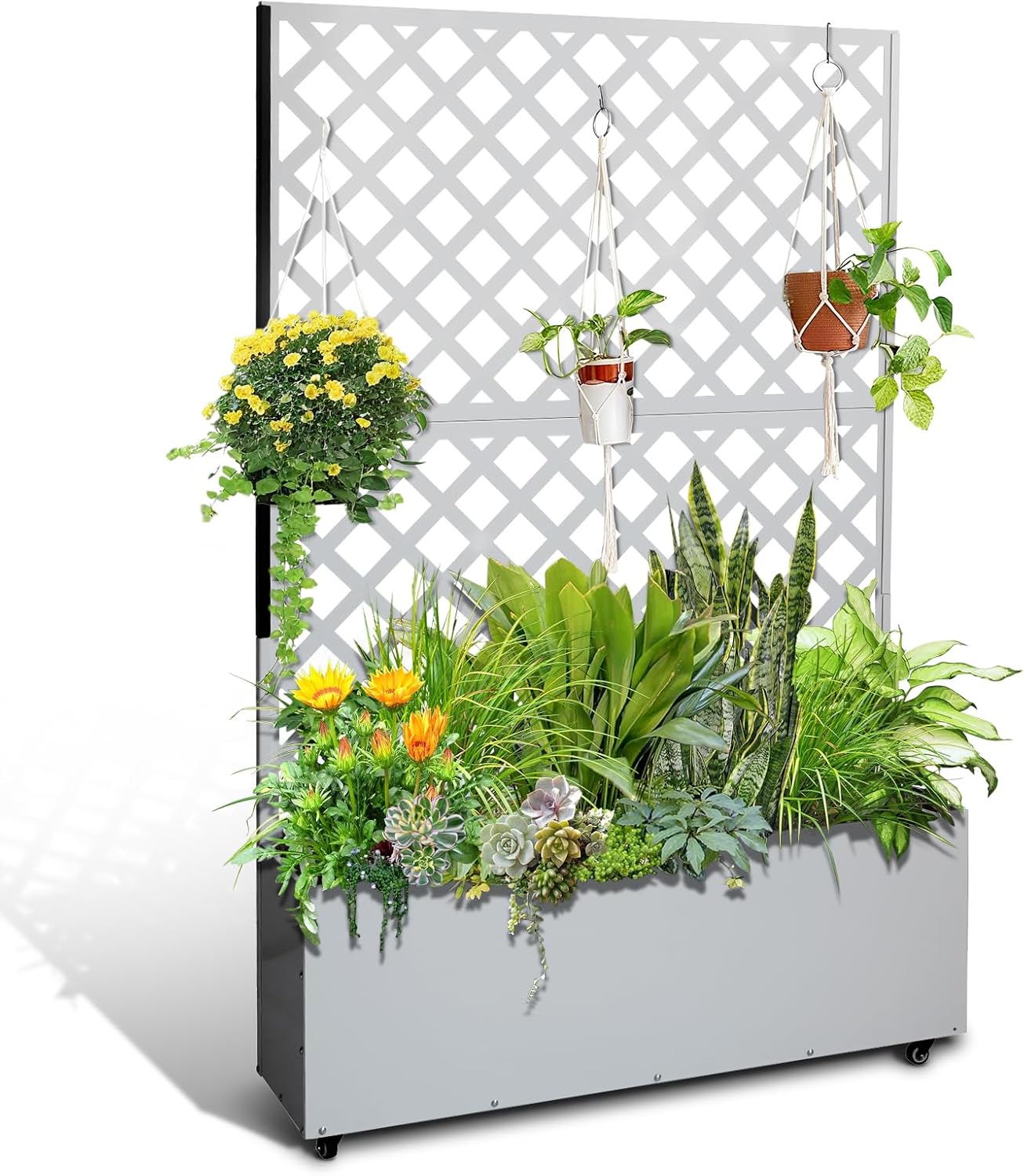 GarveeLife Metal Planter Box with Trellis, 73"x47"x12" Raised Garden Bed with Trellis & Wheels, Outdoor Garden Box with Privacy Screen & Drainage Holes for Climbing Plants Flower Vegetable, White