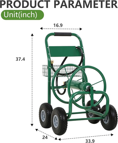 Hose Reel Hold Up To 300 Ft Heavy Duty Garden Hose Reel Sturdy Water Hose Reel Cart with 4 Wheels Storage Basket for Garden Lawn Yard Outdoor (Green)