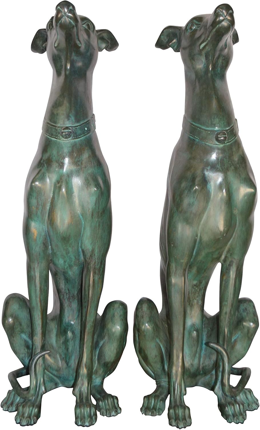 NIFAO Pair of Greyhound Dogs Sitting Bronze Statue – Life-Size Hand-Cast Sculpture with Green & Brown Patina – Museum-Quality Decorative Art for Home, Garden, 12" L x 12" W x 35" H