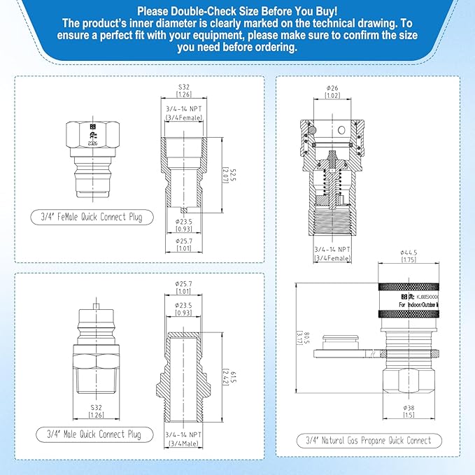 3/4" Natural Gas Quick Connect, Hose Quick Connect,Natural Gas Quick Connect Fittings, Heavy-Duty Brass Large Flow Quick Disconnect for Commercial Kitchen Equipment, Generator Etc Gas Equipment