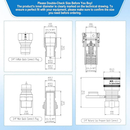 3/4" Natural Gas Quick Connect, Hose Quick Connect,Natural Gas Quick Connect Fittings, Heavy-Duty Brass Large Flow Quick Disconnect for Commercial Kitchen Equipment, Generator Etc Gas Equipment