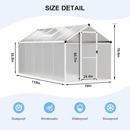 BlueWish 6x10 FT Greenhouses for Outdoors, Cedar Green House with 4-Layers Polycarbonate Panel, Greenhouse Kit with Adjustable Vent & Lockable Door, Walk-in Greenhouse for Outside, Garden, White