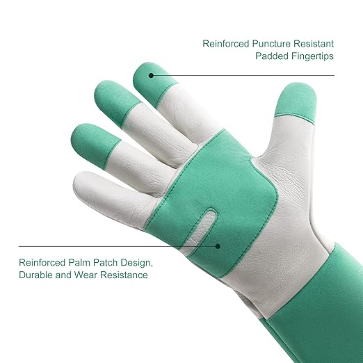 HLDD HANDLANDY Leather Gardening Gloves for Women & Men - Long Sleeve Rose Pruning, Thorn Proof Garden Work Gauntlet, Animal Handling (Small, Green)