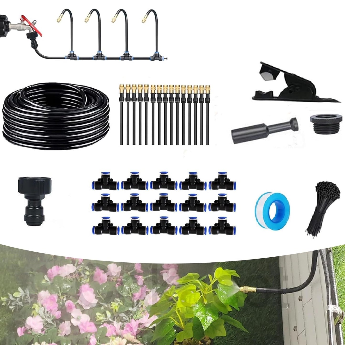 360° Curved Garden Automatic Irrigation System, 49.21Ft Bendable Garden Irrigation System, Adjustable Atomizing Copper Nozzle for Watering System for Garden Plants Lawn (49.2Ft Hose + 15 Nozzles)