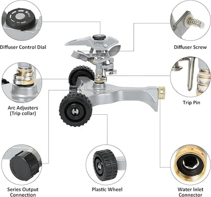 STYDDI Metal Pulsating Sprinkler on in-Series Metal Wheeled Base, Adjustable Circular Water Sprinkler for Medium to Large Circular Lawn, Yard, Garden and Large Areas, Coverage up to 6,360 Sq. ft