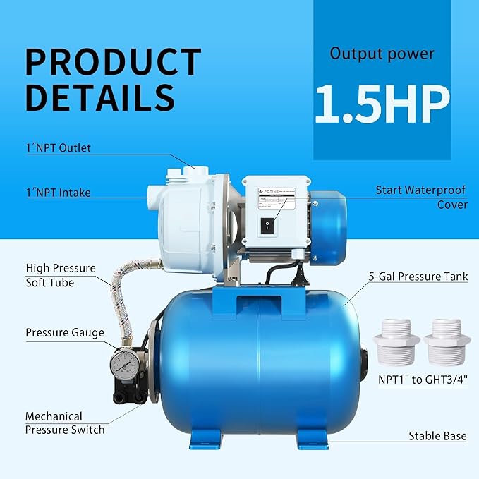 FOTING 1.5HP Shallow Well Pump with Pressure Tank, 115V 1340GPH Automatic Irrigation Water Booster Jet Pump, Water Pumps Booster System 164FT for Home Garden Lawn Farm