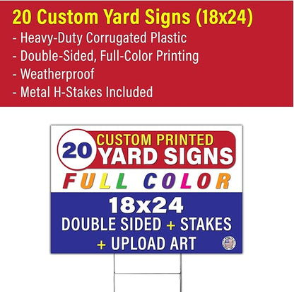 Personalized 18x24" Yard Signs, Double Sided Printing, Metal Stake Included, by Legit Fast Printing (20pk)
