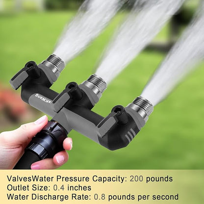 Full Flow Heavy Duty 3 Way Hose Splitter, Rugged Garden Faucet Adapter, Spout Diverter T - Way Adapter with Extended Handle, 3/4” GHT Thread, Grey