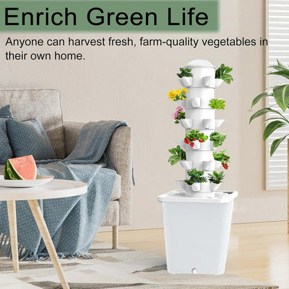 Hydroponics Tower Indoor Growing System Vertical Garden Planter Indoor Smart Garden Kit with Pump and Movable Water Tank Vegetable Plant Gift for Gardening Lover (White)