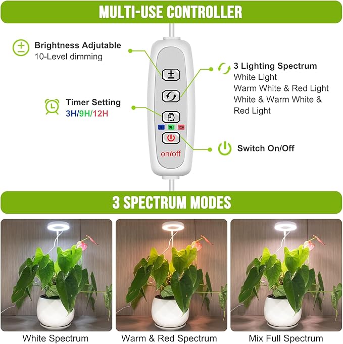 Grow Lights for Indoor Plants, 48 LEDs Full Spectrum Halo Plant Light for Indoor Plants, Height Adjustable Growing Lamp with Detachable Base, 3/9/12Hrs Timer, 10 Brightness, 3-Pack