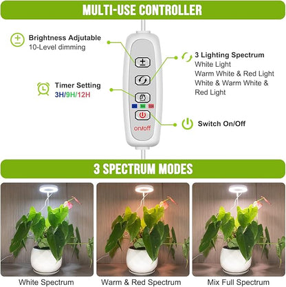 Grow Lights for Indoor Plants, 48 LEDs Full Spectrum Halo Plant Light for Indoor Plants, Height Adjustable Growing Lamp with Detachable Base, 3/9/12Hrs Timer, 10 Brightness, 3-Pack