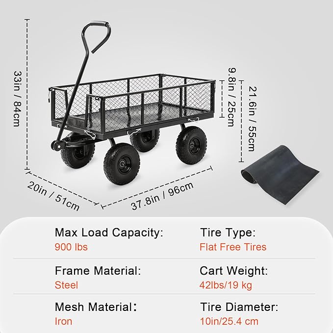 Heavy Duty 900 LBS Capacity All-Terrain Steel Utility Cart - 10" Solid 3.5-4" Wheels & Tires with 180° Swivel Handle | Removable Side Panels & Laser-Welded Frame Multi-Surface Garden Wagon