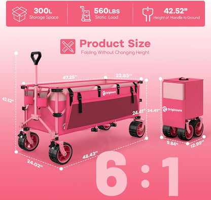 48" L Collapsible Wagon Cart Foldable, 560lbs Weight Capacity 300L Heavy Duty Folding Beach Wagons with Big All-Terrain Wheels, Utility Carts for Groceries, Shopping, Camping, Sports - Pink