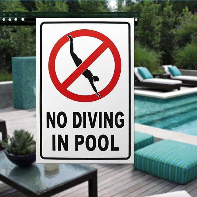 No Diving in Pool Metal Sign Gifts for Pool Owners- 12x8in No Diving Warning Tinplate Decor for Outdoor Pools