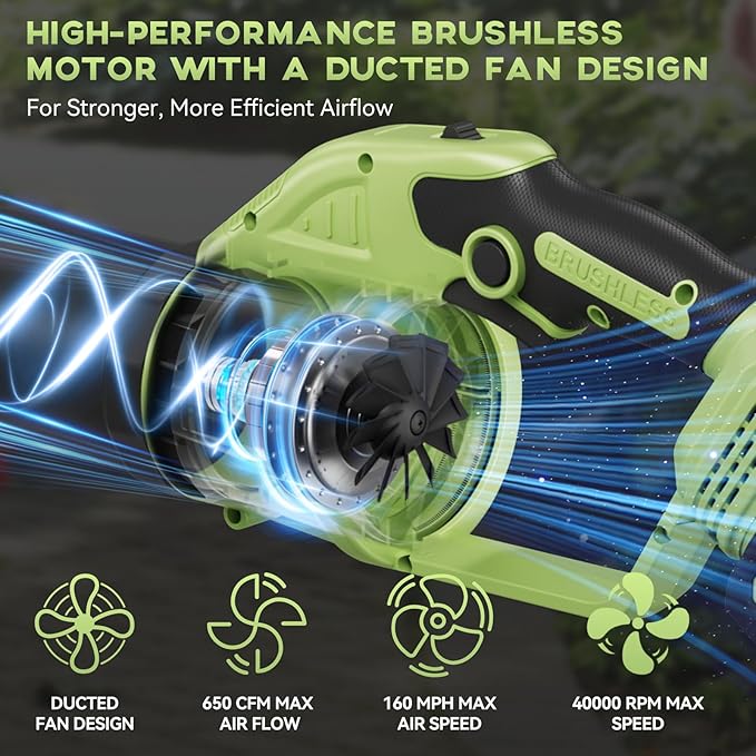 Cordless Leaf Blower - 650 CFM Brushless Electric Leaf Blower with 2 x 6.0Ah Batteries & Fast Charger, 2 Speed Modes, Battery Powered Leaf Blowers for Lawn Care, Patio, Dust, Snow Care (Light Green)