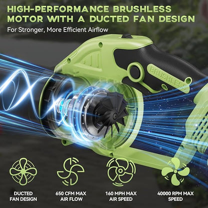 Cordless Leaf Blower - 650 CFM Brushless Electric Leaf Blower with 2 x 6.0Ah Batteries & Fast Charger, 2 Speed Modes, Battery Powered Leaf Blowers for Lawn Care, Patio, Dust, Snow Care (Light Green)
