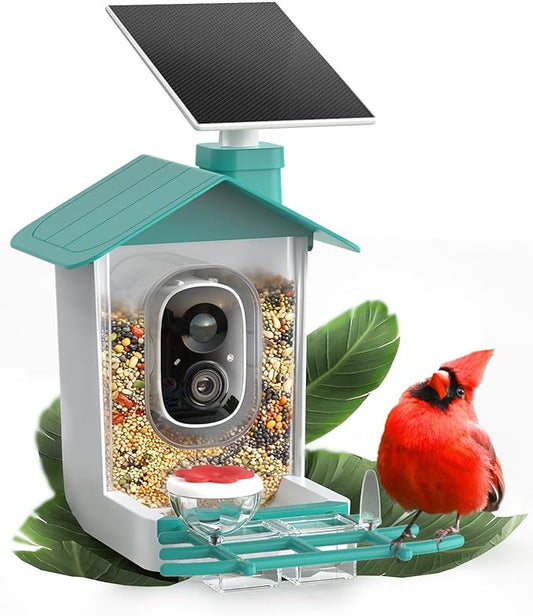 COOAU 2K Smart Bird Feeder with Camera Solar Powered, Outdoor Bird House Cam with 11,000+ AI Birds Species Identification, 3MP HD Live Video Watching, Instant Notifications,Ideal Gift for Bird Lovers