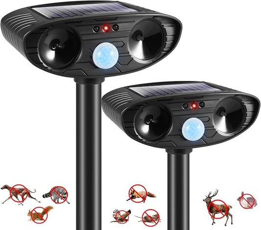 2025 2Pack Deer Repellent Device Ultrasonic Animal Repellent Outdoor Solar Animal Repeller with Motion Detection Cat Deterrent Outdoorto Scare Raccoon Dog Coyote Squirrel Skunk Fox Rabbit